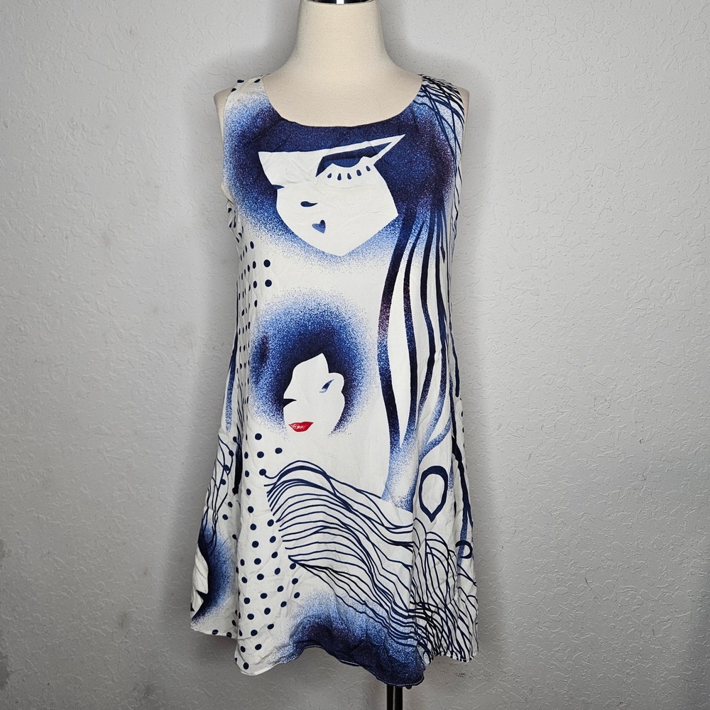 Tsumori Chisato Womens‎ Graphic Face Print Sleeveless Shift Dress White Blue